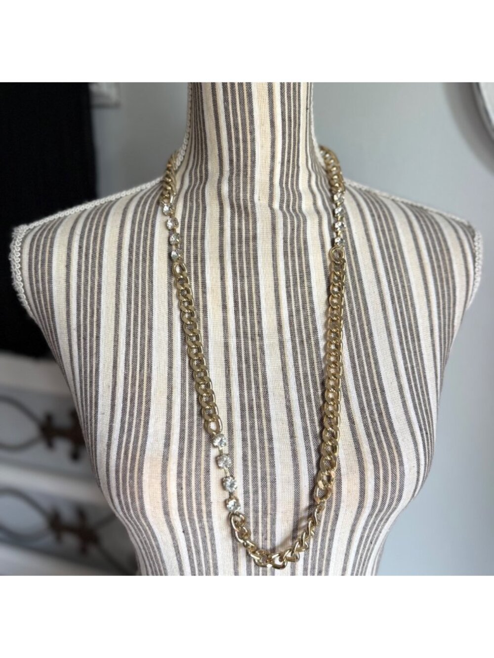 Long Gold Tone Chain Link and Rhinestone Necklace
